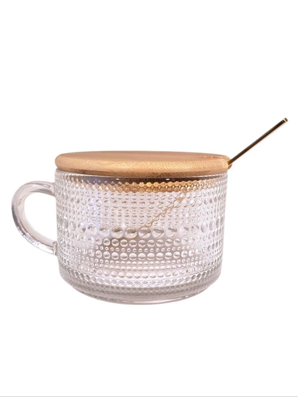 14oz. Vintage Style Glass Coffee Mug with Golden Spoon and Bamboo Lid